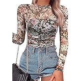 SAUNGKUAI Women's Mesh Long Sleeve Bodysuit Mock Neck Ruched Sheer Thong Body Suits Fall Outfits