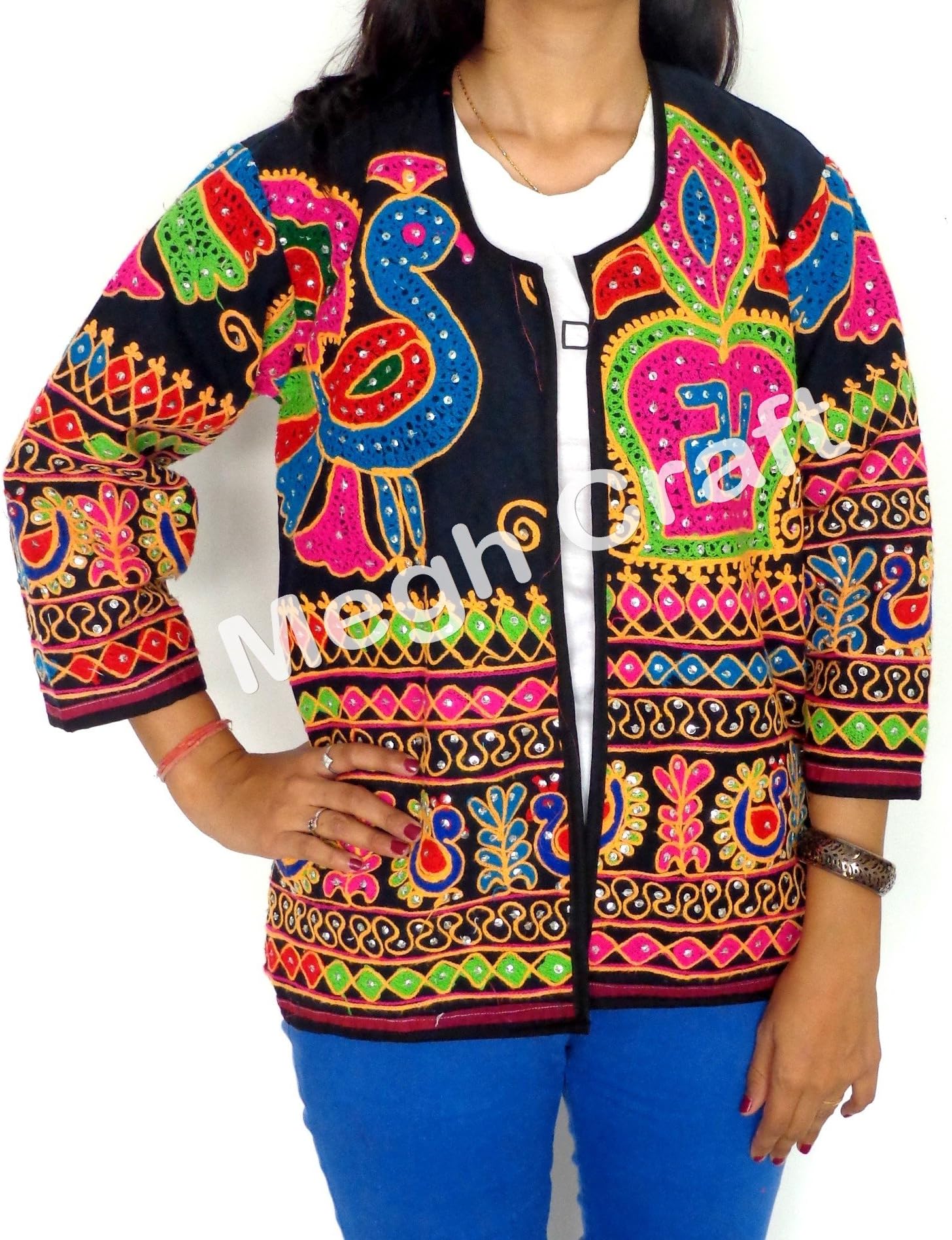 MEGH CRAFT Women's Indian Fusion Peacock Embroidered Banjara Jacket