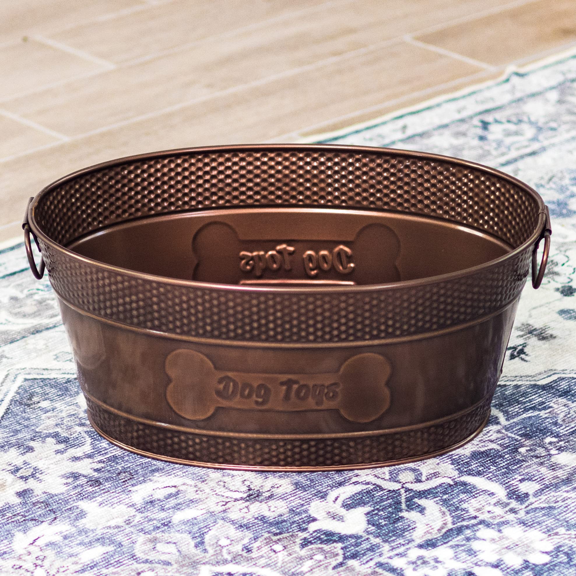 BREKX Indestructible Metal Dog Toy Bin - Copper Galvanized Storage Bin with Handles, Pet Storage Organizer - Ropes, Blankets, & Leashes, Bone Design Pet Toy Box (15-Quart)