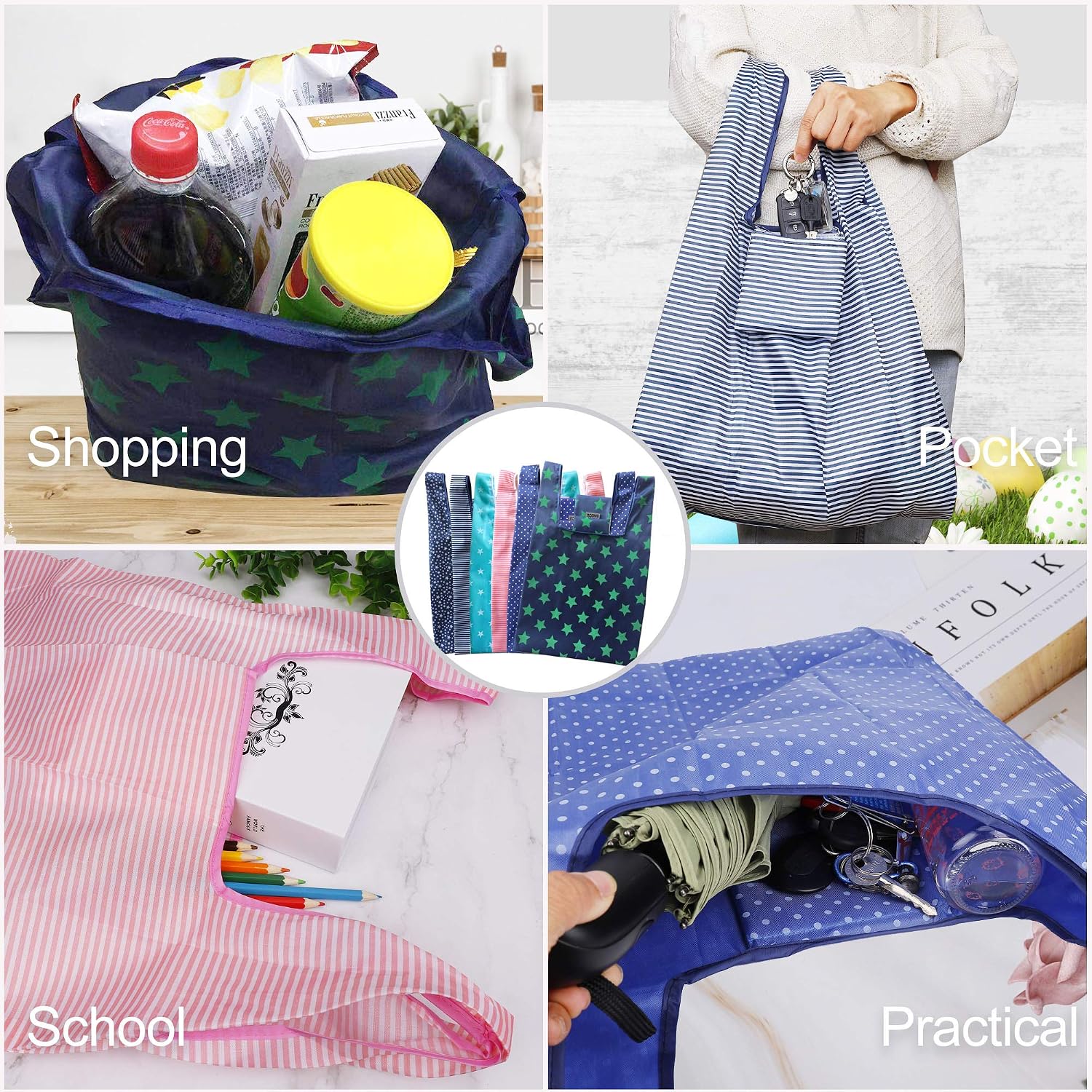 ISIYINER Foldable Shopping Bags Reusable Handy Grocery Bags Washable Shopper Tote Lightweight Purse Bag Fits in Pocket Large Capacity Shopping Pouch for Buying Fruits Vegetables 6 Pack (6 Styles) - Image 5