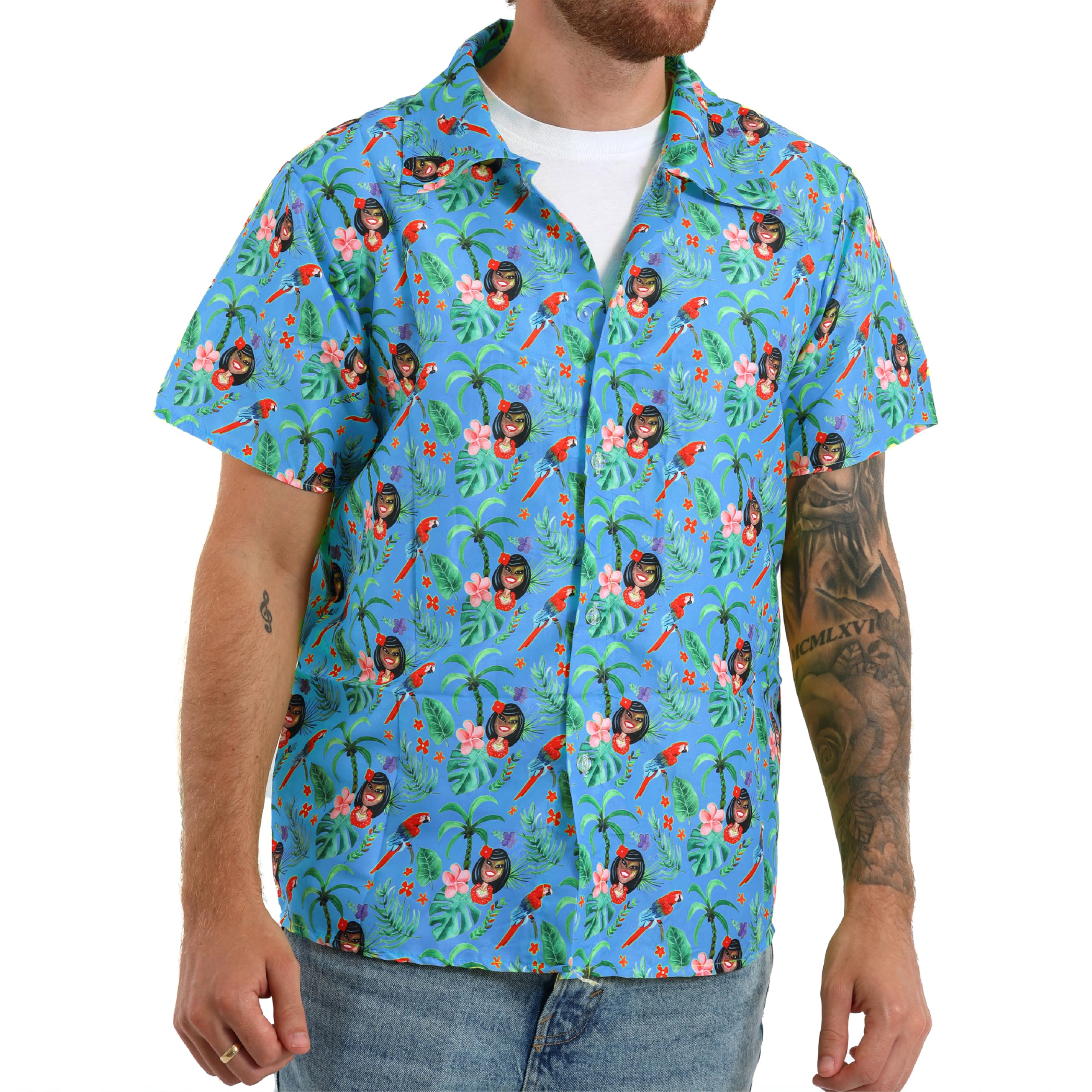 Mens Hawaiian Shirt Blue - XXLarge - Blue Hawaii Tropical Short Sleeve Shirt - Fancy Dress - Summer Beach Party Wear — image 1