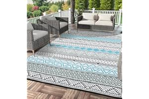 Garvee Outdoor Rug 9x18 Waterproo Large Outdoor Camping Rug Reversible Rv Patio Mats Black Gray Outdoor Plastic Straw Outdoor Rugs Clean Easily Large Patio Mat for RV, Deck, Camping, Blue + Gray