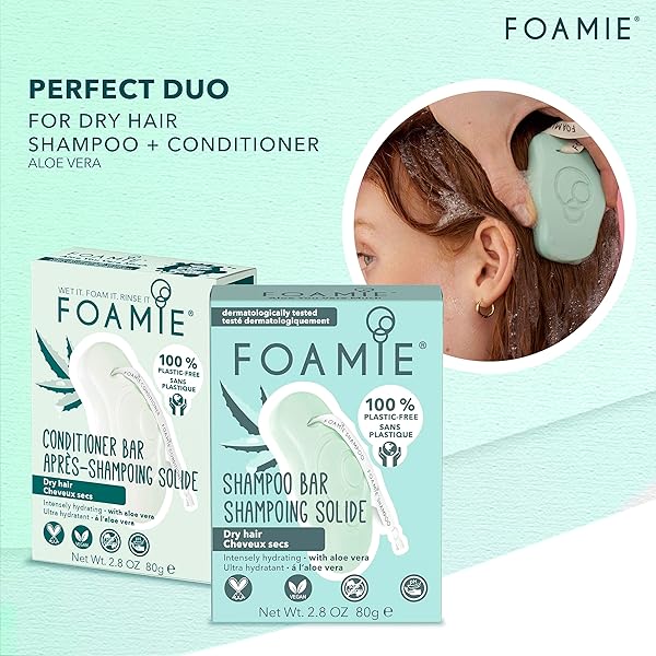 FOAMIE SOLID CONDITIONER FOR DRY HAIR WITH ALOE VERA THAT INTENSIVELY MOISTURISES HAIR, 100% VEGAN, PLASTIC AND SULPHATE-FREE 80G