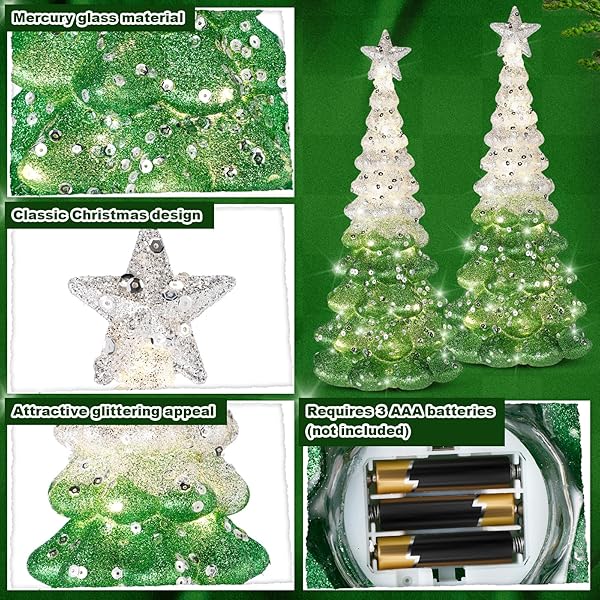 2 PCS MERCURY GLASS CHRISTMAS TREE FOR TABLETOP LIGHT UP CHRISTMAS DECOR 11.6″ ILLUMINATED GLASS XMAS TREE BATTERY OPERATED XMAS TABLE CENTERPIECE FOR HOME FIREPLACE FESTIVE DECOR GIFT(SILVER)