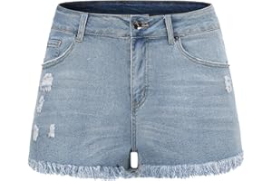 THUNDER STAR Ripped Jean Shorts for Women Mid Rise Frayed Raw Hem Stretchy Denim Shorts