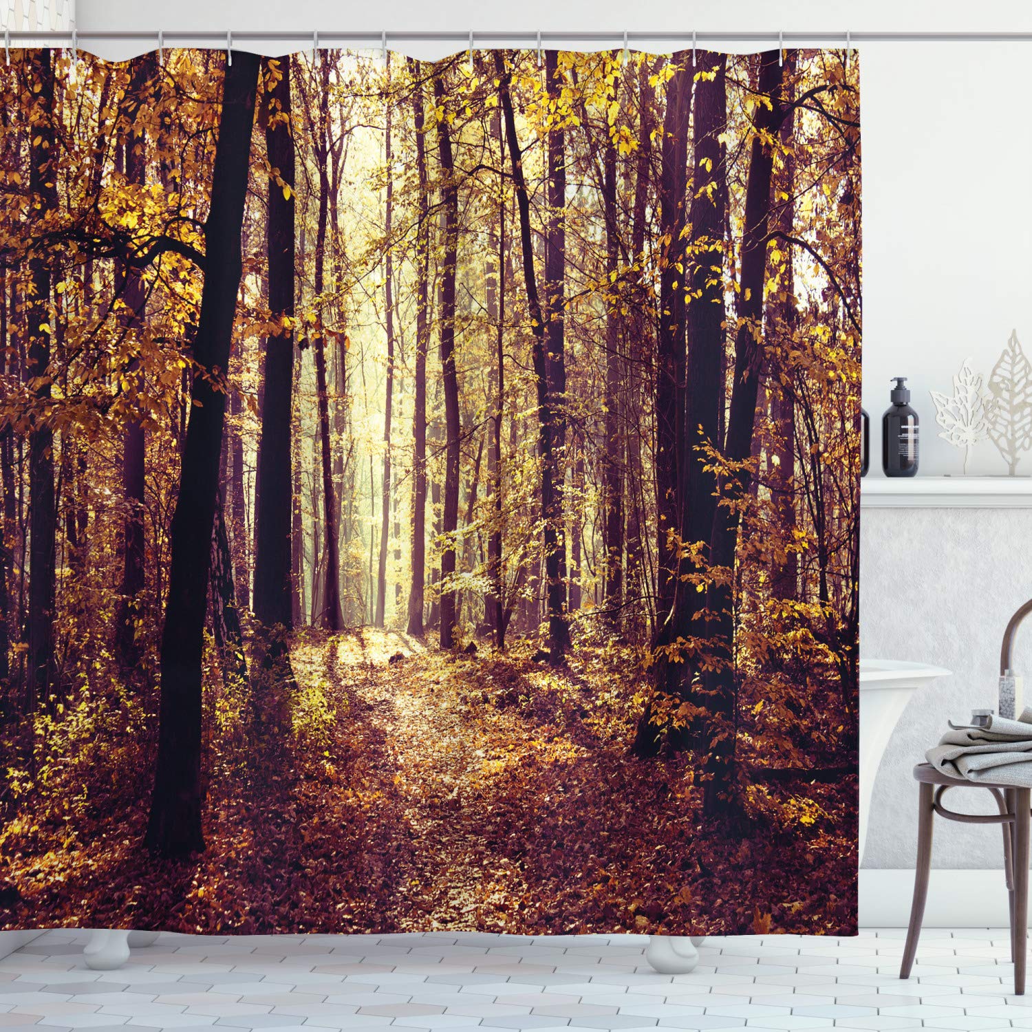 ABAKUHAUS Forest Shower Curtain, Mysterious Atmosphere Misty Woods Tree Nature Landscape Image, Cloth Fabric Bathroom Decor Set with Hooks, 94 Inches, Pale Yellow Dark Orange — image 1