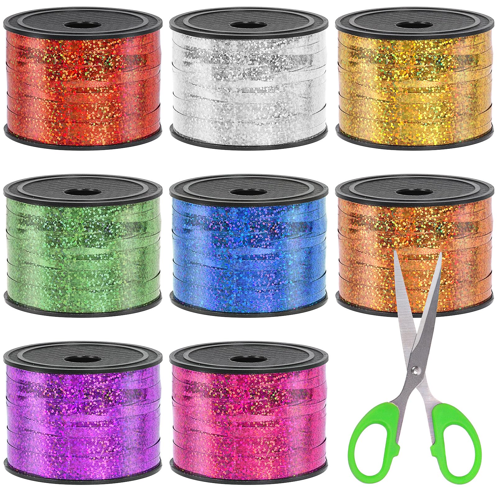 Swpeet 9Pcs 1/5" Wide x 100 Yards Metallic Curling Ribbon with Scissors Kit, 8 Colors Crimped Curling Ribbon Balloon Ribbon Gift Wrap for Gift Wrapping Party Festival Art Decoration Supplies