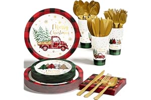 QINLINE Christmas Party Decorations Supplies - 175 PCS Christmas Xmas Disposable Dinnerware Set(25 Guest) with Buffalo Plaid Truck Tree Paper Plates Napkin Cup Plastic Fork Knives Spoon for Holiday Decor