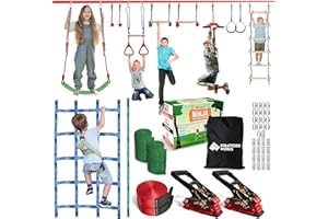 STRATFORD WORKS 65ft Ninja Warrior Obstacle Course for Kids with 2 Slacklines and 12 Durable Obstacles – Ninja Rope Course for Girls & Boys with Trapeze Swing, Monkey Bars, Wheel, Climbing Net & Gymnastics
