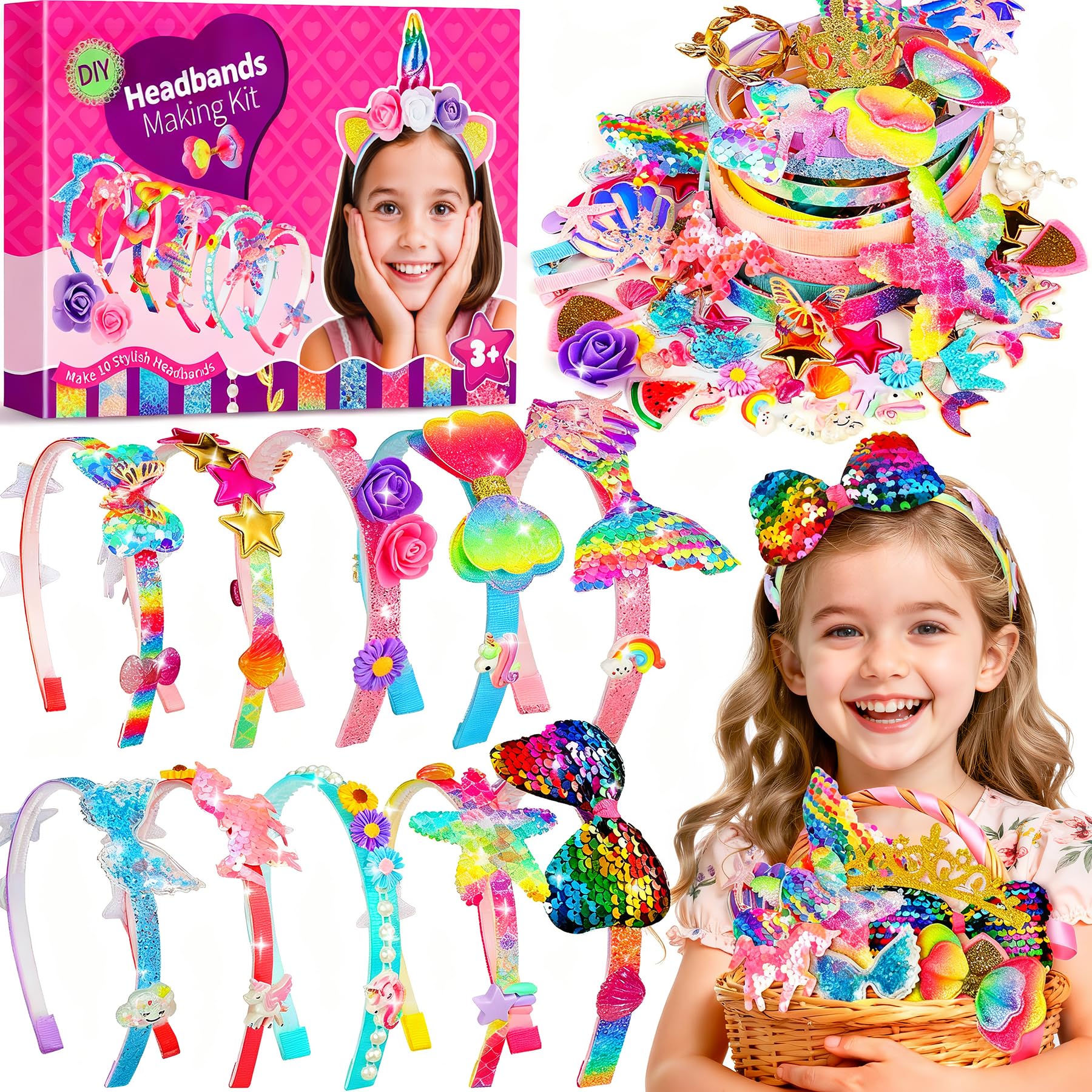 Pourbibi Girls Birthday Presents,Hair Accessories for Girls,Multi Themed-Unicorn,Mermaid,Flower Headband Kit for Girl Age 3+,10PCS,Gifts for 3-8 Year Old Girl,Easter Gifts for Kids,Girls Easter Gifts