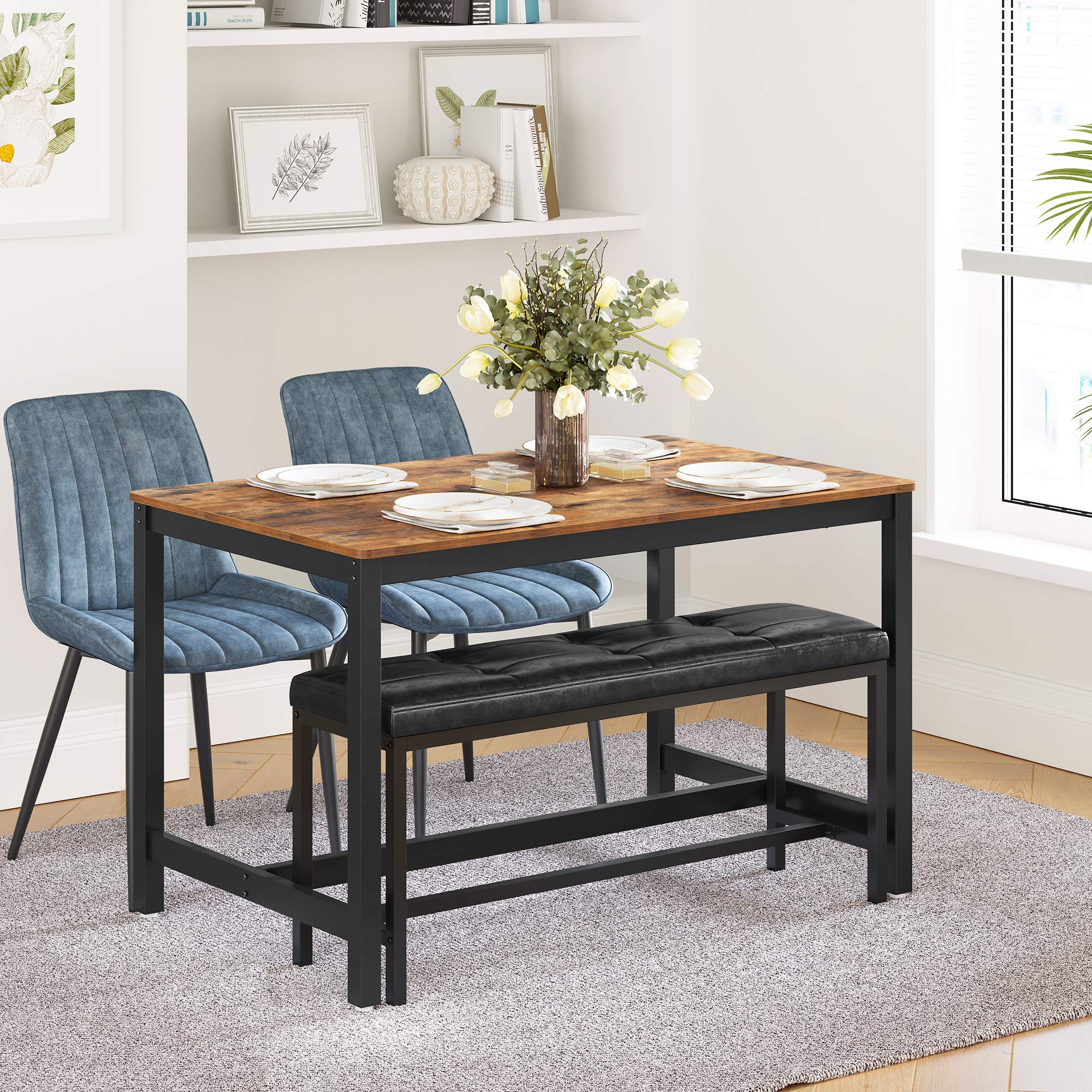 VASAGLE Dining Table Bench, Ottoman Bench with PU Leather Padded Seat, Steel Frame, 42.5 x 12.8 x 18.9 Inches, for Dining Room, Living Room, Hallway, Bedroom, Black UKTB034B81