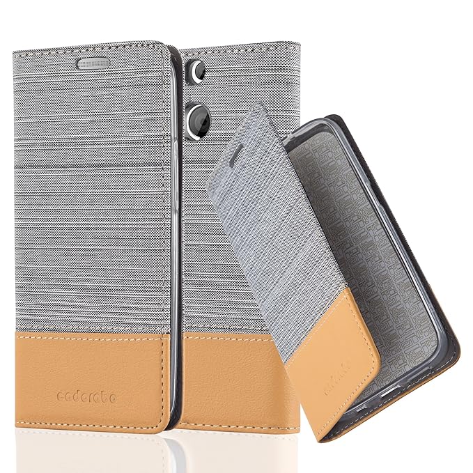 Cadorabo Hülle für HTC ONE M8 (2. Gen.) - Hülle in HELL GRAU BRAUN – Handyhülle mit Standfunktion und Kartenfach im Stoff Des