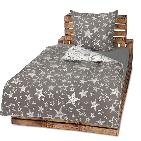 4tlg Warme Winter Bettwäsche Fleece Flausch 2x 135x200 + 2x 80 x80 NEU Sterne Taupe Creme
