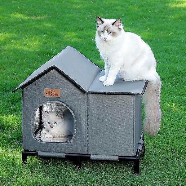 CRISPEDIA WEATHERPROOF HEATED CAT HOUSE FOR OUTDOOR IN WINTER, ELEVATED OUTDOOR CAT SHELTER FOR FERAL CAT, INSULATED CAT BED FOR OUTSIDE STRAY CAT KITTY, 20X13X16 INCHES, GREY, HEATED