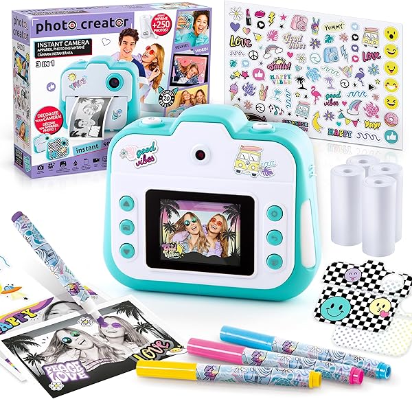 Canal Toys - Photo Creator - 3-in-1-Sofortbildkamera in Türkis - + 2 Modi: Selfie- und Videokamera - Geschenkkamera für Kinder ab 8 Jahren - 4 Rollen - 250 Aufnahmen - CLK 001