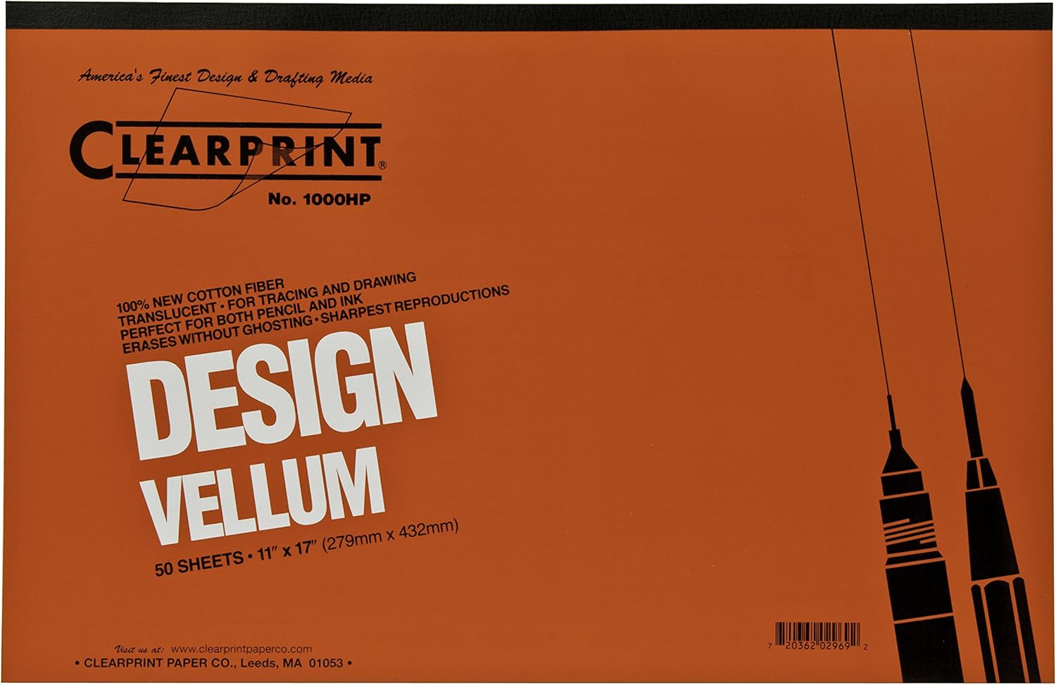Clearprint 1000H Design Vellum Pad, 16 lb., 100% Cotton, 11 x 17 Inches, 50 Sheets, Translucent White, 1 Each (10001416) : Office Products