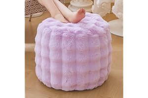 LIFEREVO Faux Rabbit Fur Round Inflatable Pouf Ottoman, 20 X 16 Plush Waffle Bubble Floor Poufs Foot Rest Living Room Bedroom, Light Purple Furry Pouf Foot Stool for Girls Adults, Anti-Slip, Lavender