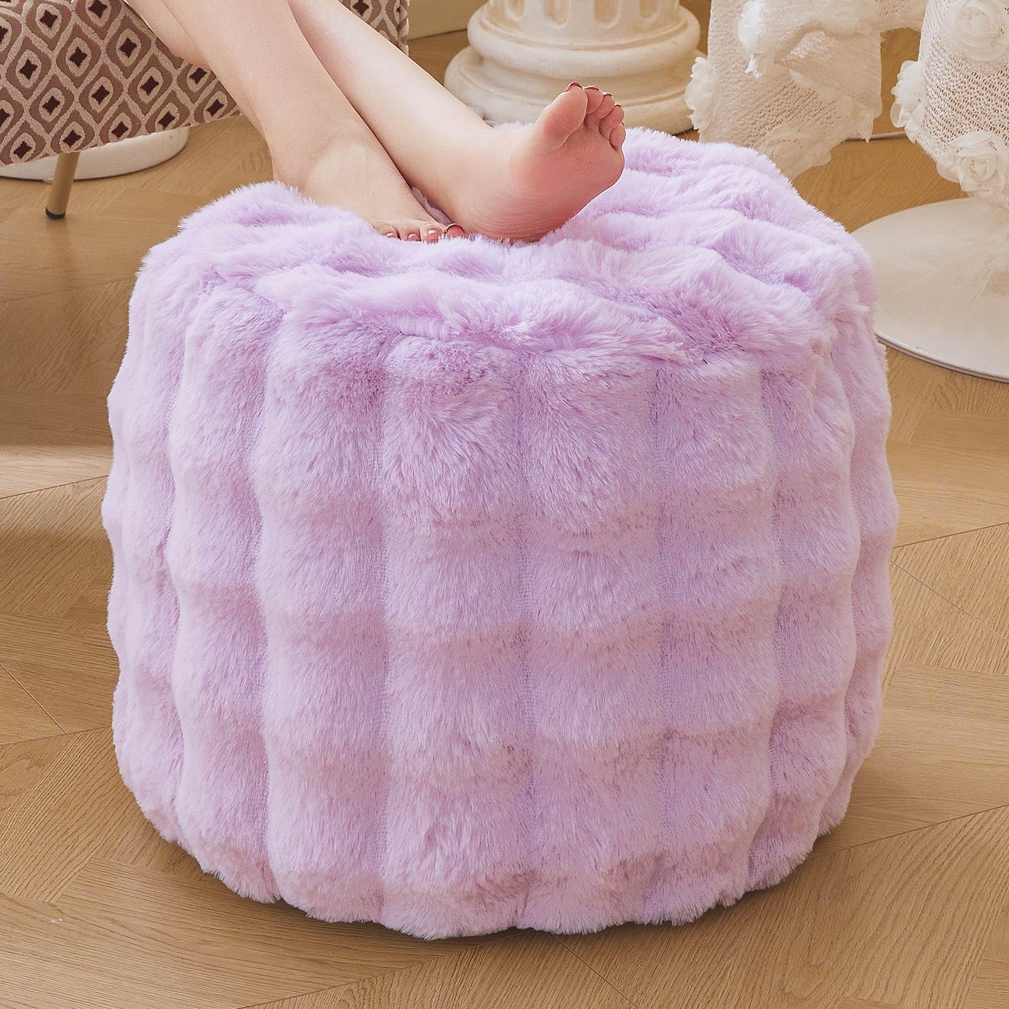 Photo 1 of LIFEREVO Faux Rabbit Fur Round Inflatable Pouf Ottoman, 20 X 16 Plush Waffle Bubble Floor Poufs Foot Rest Living Room Bedroom, Light Purple Furry Pouf Foot Stool for Girls Adults, Anti-Slip, Lavender