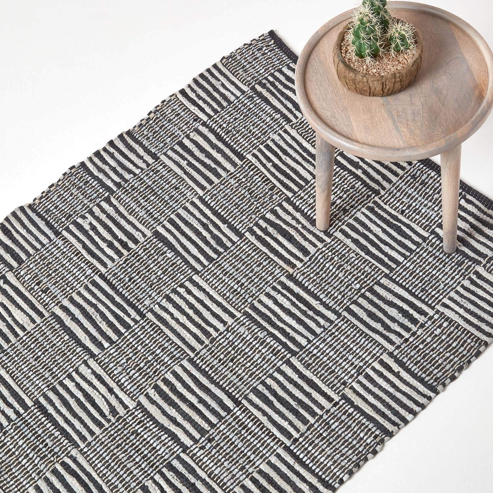 HOMESCAPES Black & White Genuine Leather Rug Handwoven Striped Block Check Eco Friendly Real Leather Rug, 90 x 150 cm