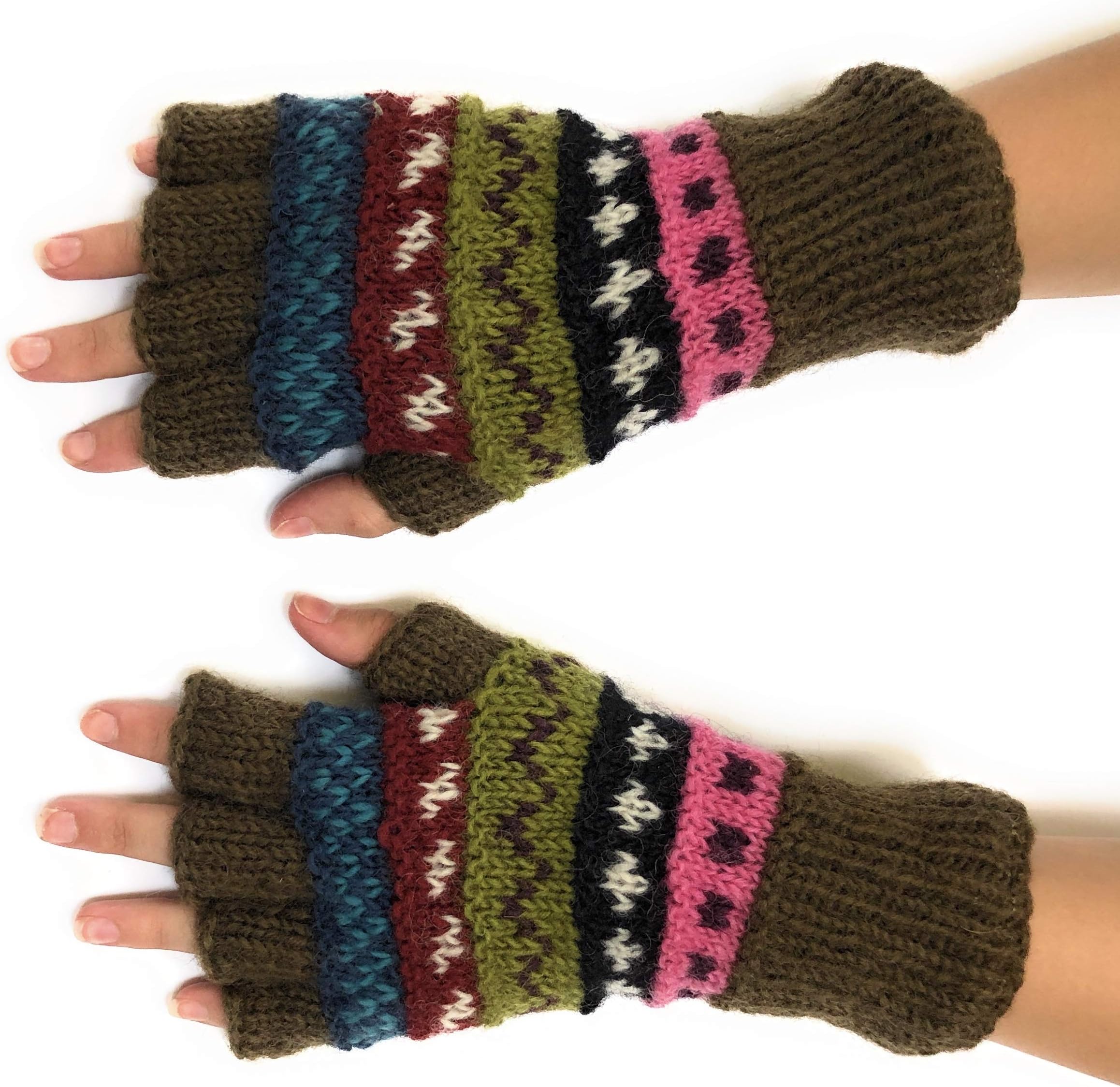 Hand Knit Fingerless Graphic Striped Winter Wool Texting Gloves Mittens Warm Fleece Lined