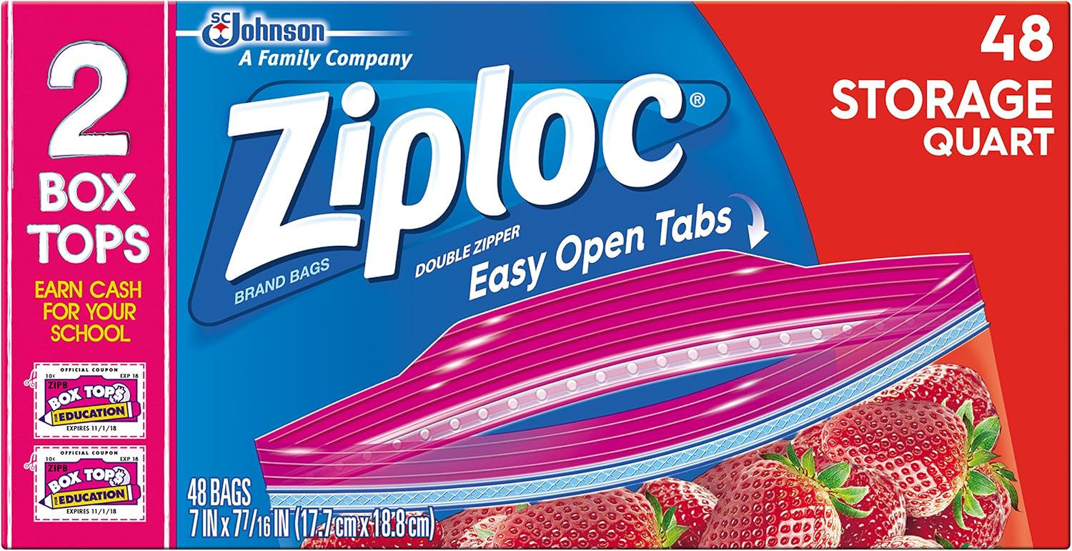 Ziploc Storage Bags with New Grip 'n Seal Technology, For Food, Sandwich, Organization and More, Quart, 48 Count, Pack of 3 (144 Total Bags)