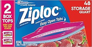 Ziploc Storage Bags with New Grip 'n Seal Technology, For Food, Sandwich, Organization and More, Quart, 48 Count, Pack of 3 (144 Total Bags)