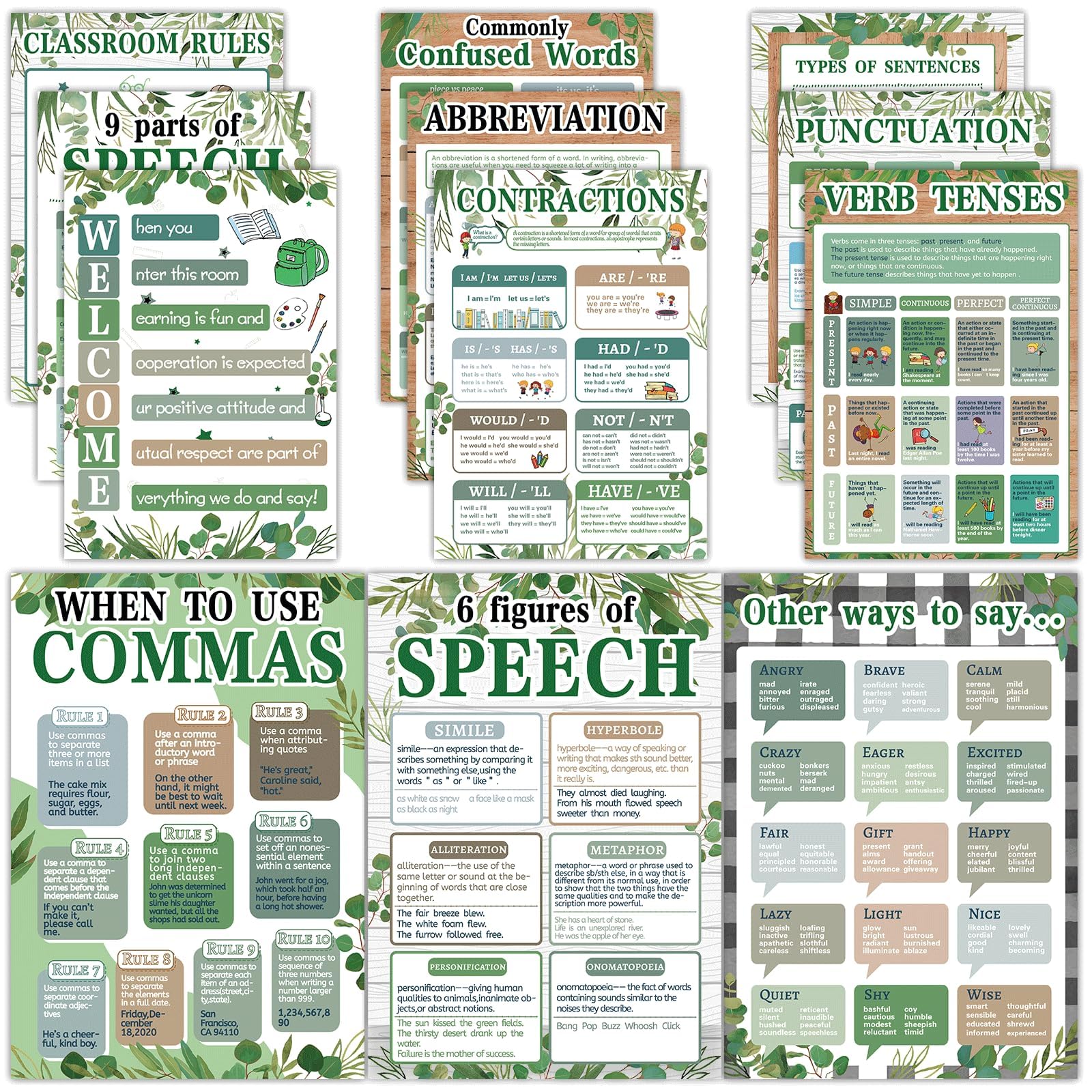 Photo 1 of chiazllta 12Pcs Educational English Grammar Poster Classroom Decoration Parts of Speech Chart Posters English Bulletin Board for Teachers Middle High School Supplies Classroom Must Haves(Eucalyptus)