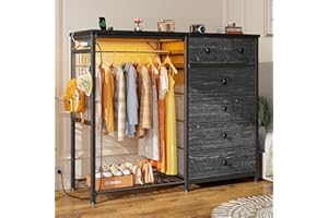 EnHomee 49.2" W Dresser for Bedroom with Hanging Rack 6 Drawers Dresser with LED Lights & Charging Station, Fabric Dressers & Chest of Drawers with Rack, Wooden Top, Grid Panel, Black