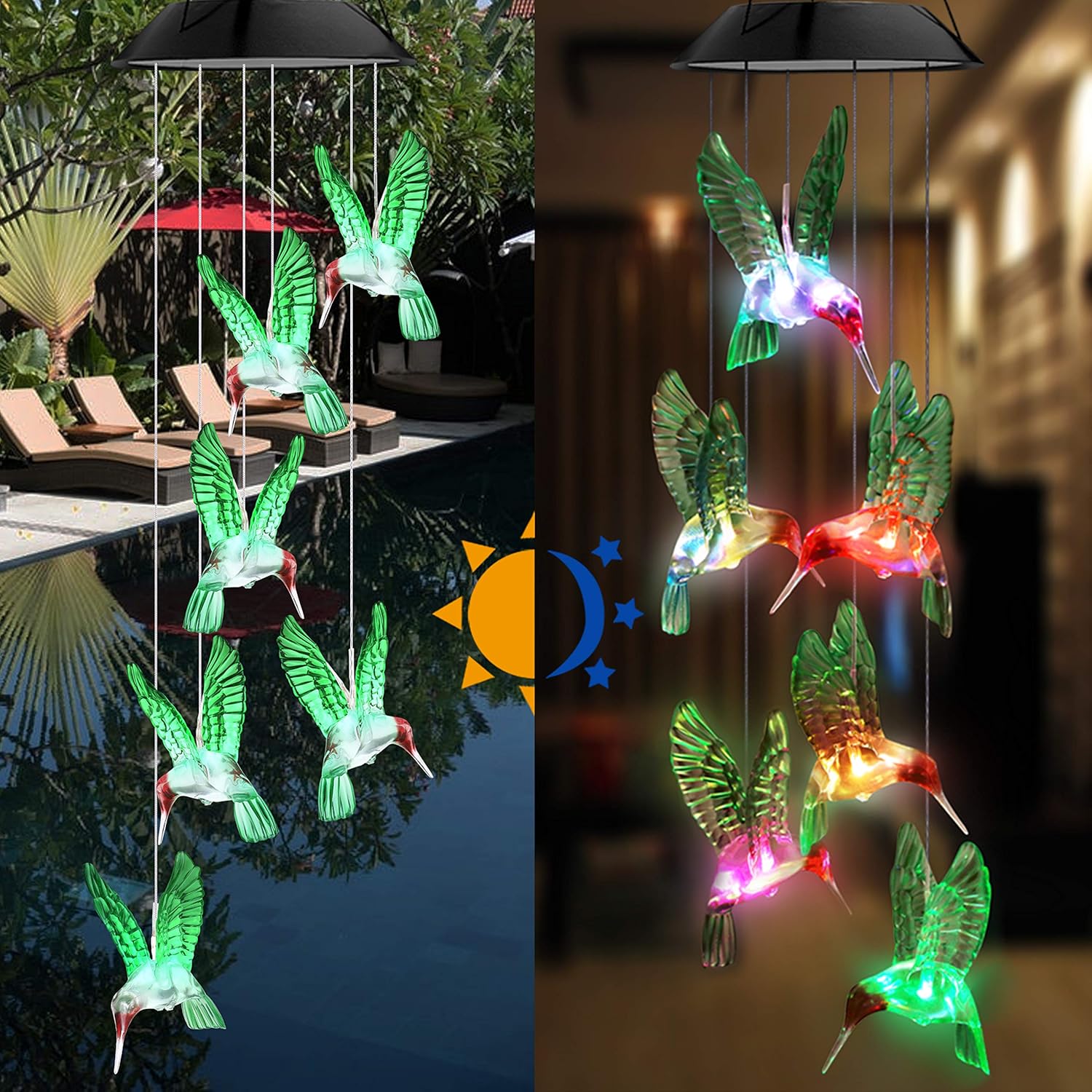 Topspeeder LED Solar Hummingbird Wind Chime, Changing Color Waterproof Six Hummingbird Wind Chimes for Home Party Night Garden Decoration (Green Hummingbird Birds) : Garden & Outdoor