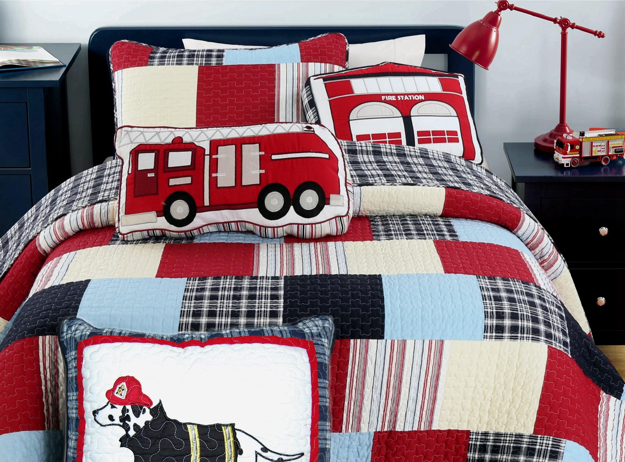 Cozy Line Home Fashions 5-Piece Quilt Bedding Set, Blue Red Cars Truck Fire Station Dog 100% Cotton Bedspread Coverlet Set (Twin- 5 Piece: 1 Quilt + 1 Standard Sham + 3 Decorative Pillows)