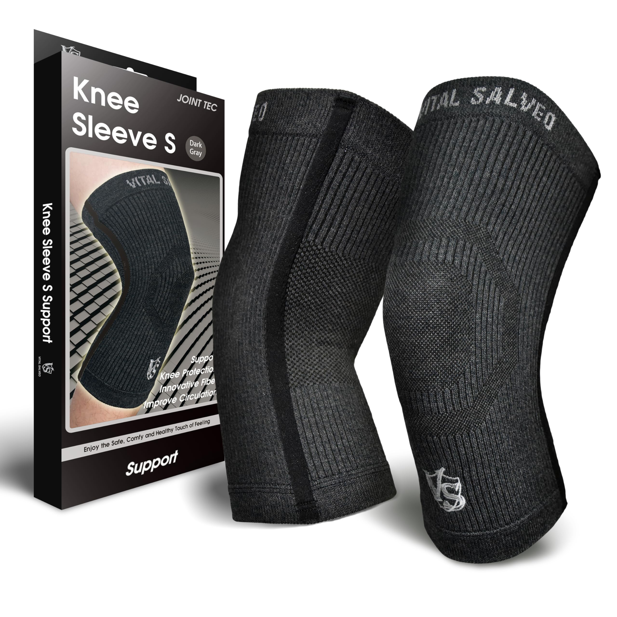 Vital Salveo-Knee Support Brace, Compression knee sleeve of Singular Support with Germanium and Bamboo Charcoal for Pain Relief, Sports and Daily wear(1Pair)-Dark Grey-Small