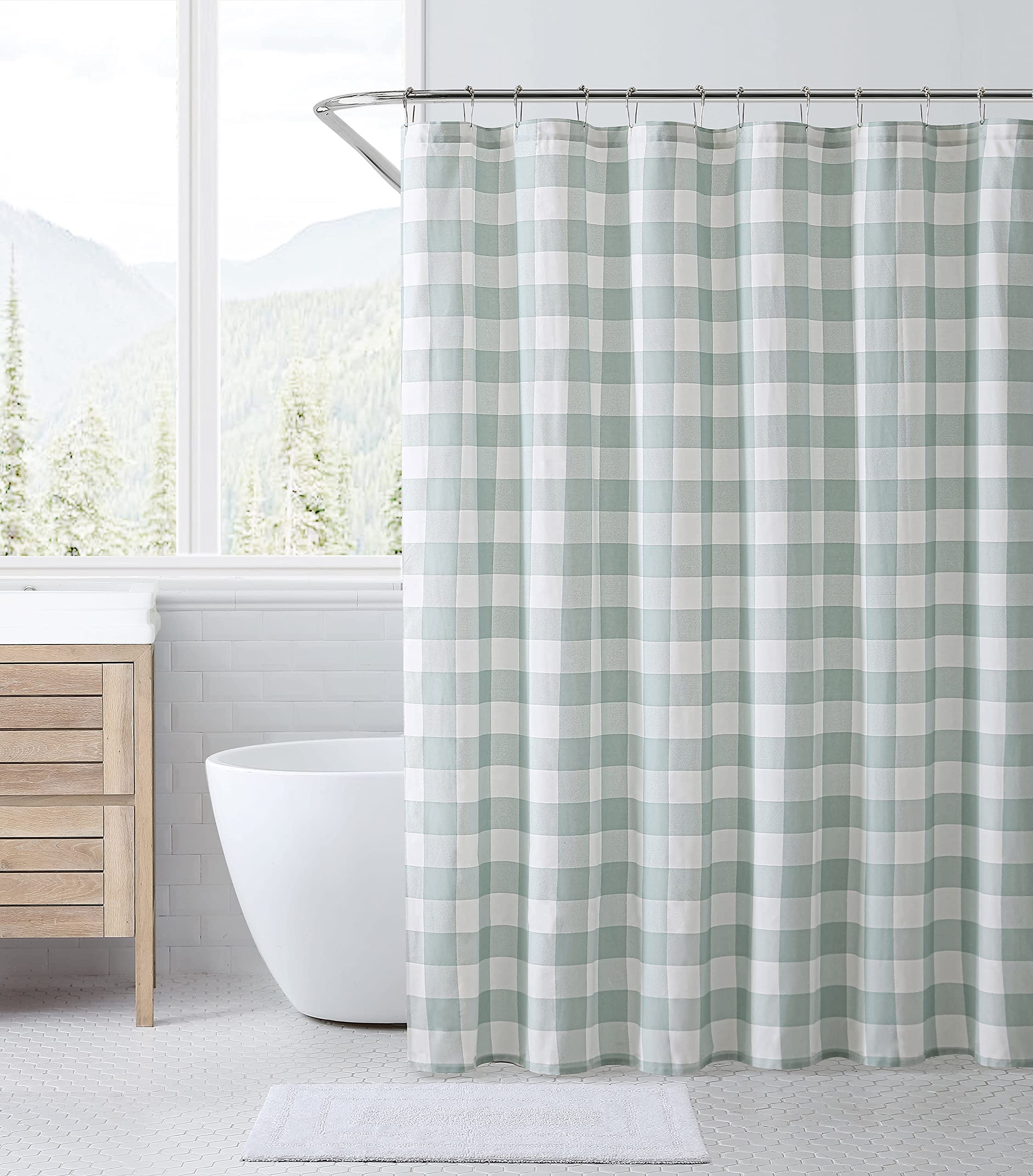 Eddie Bauer - Shower Curtain, Lightweight Cotton Bathroom Decor, Buttonhole Top (Cabin Plaid Green, 72" x 72")