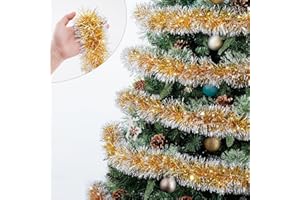 Bestregerd 50 Feet Gold/White Christmas Tinsel Garland, Metallic Hanging Tinsel Streamers Garland for Christmas Decorations, Garland for Christmas Tree Birthday Party Indoor and Outdoor