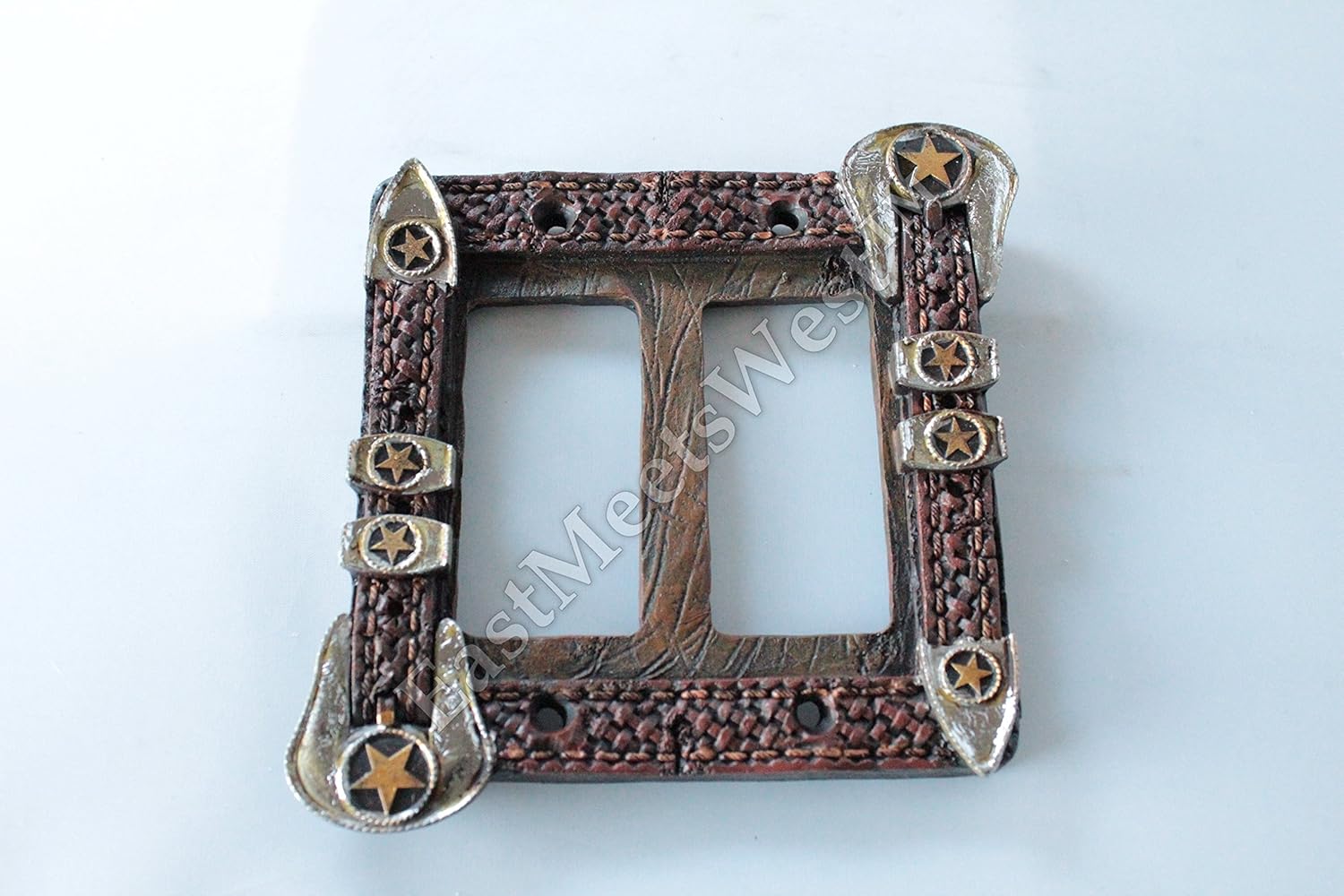 Western Cowboy Star Belt Buckle Switch Plate Covers Electric Outlet Rustic Wood Look Decor (Double Rocker)