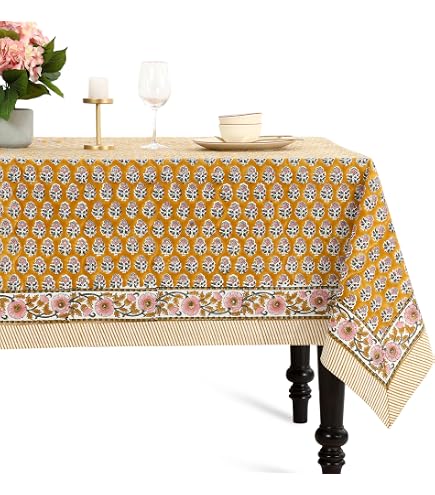 ATOSII Baumwoll-Tischdecke, 152x274 Cm – Handgedruckt, Boho Floral – Für Tisch, Party, Outdoor – Waschbar