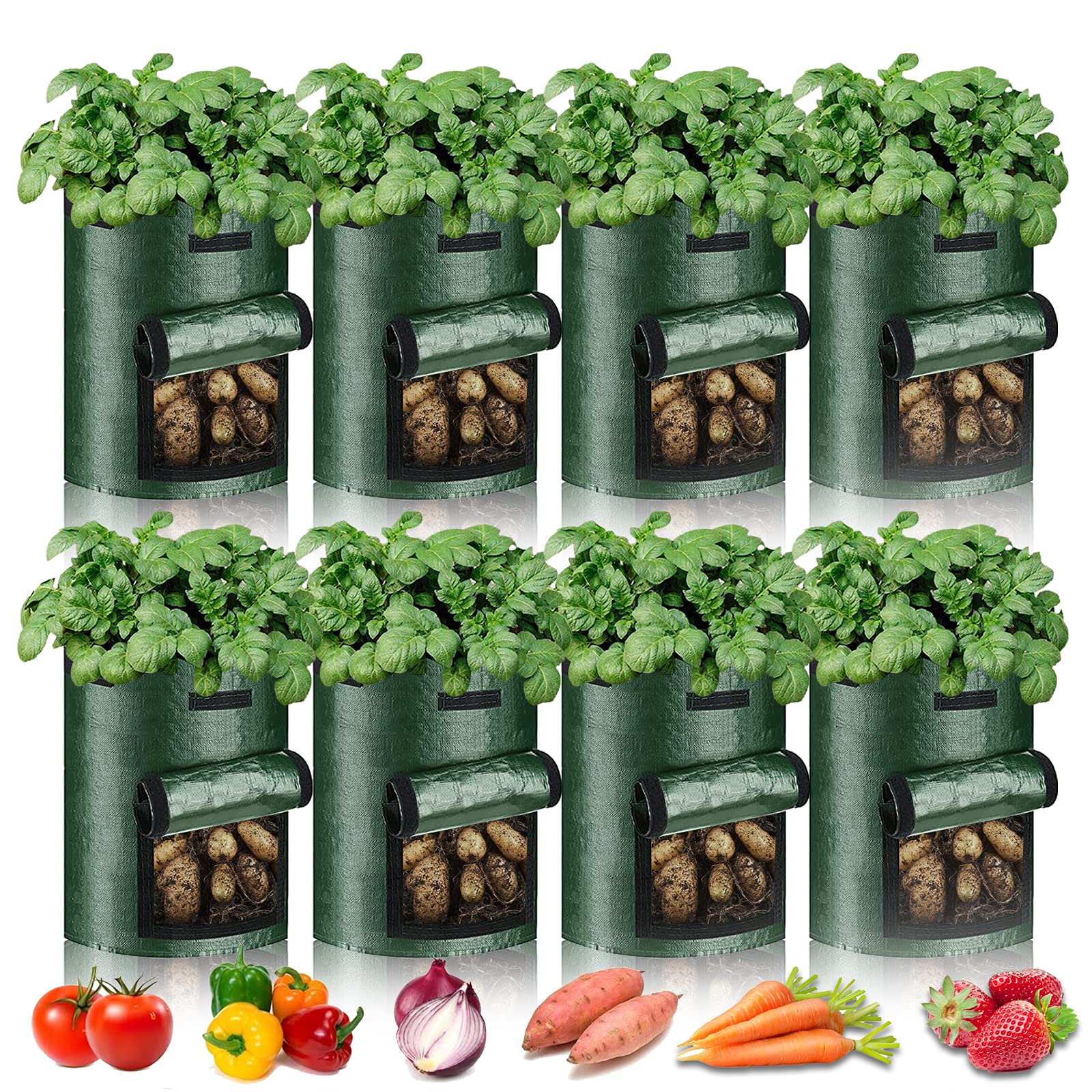 PfiHom 10 Gallon Potato Grow Bags-8 Packs, Heavy Duty Thickened Plant Growing bags UK for Tomatoes Carrot & Other Vegetables (Dark Green)