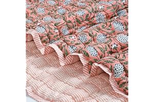 Ridhi Cotton Reversible Quilt Hand Block Printed Queen 90 x 96 Dark Salmon Pink Soft Lightweight Blanket for Sofa Couch & Bed Décor Lightweight Soft Breathable Handmade