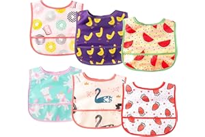 2ooya 6Pcs Baby Feeding Bibs with Crumb Catcher Pocket Adjustable Waterproof Sleeveless Teething Bib Set Toddler Infant Keepsake Gift for Baby Shower, 6-24 Months