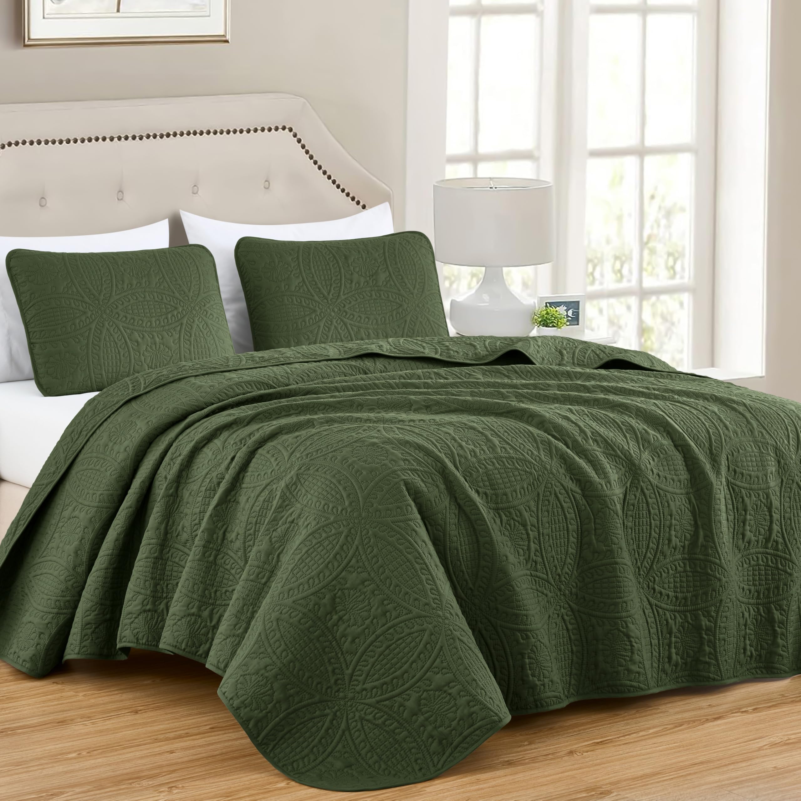 Chezmoi Collection Austin Queen Oversized Bedspread Set, 3-Piece Pinsonic Quilted Lightweight Microfiber Bedspread Coverlet, Olive Green Image