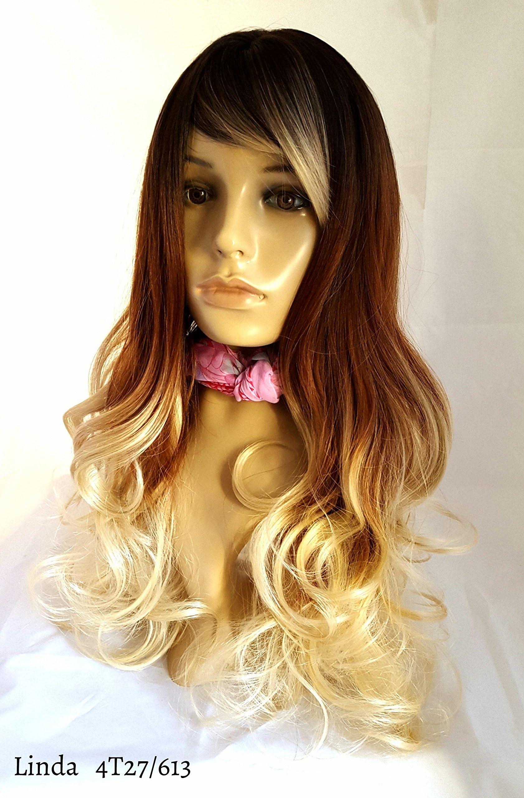 Wig Long Layerd Wavy Curly Black Brown Blonde Red Highlights Regular Wear or Halloween Party Cosplay (w/ 2 Wig Caps)