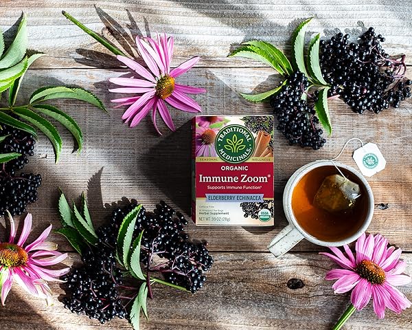 TRADITIONAL MEDICINALS TEA, ORGANIC IMMUNE ZOOM ELDERBERRY ECHINACEA, SUPPORTS IMMUNE FUNCTION, 16 TEA BAGS