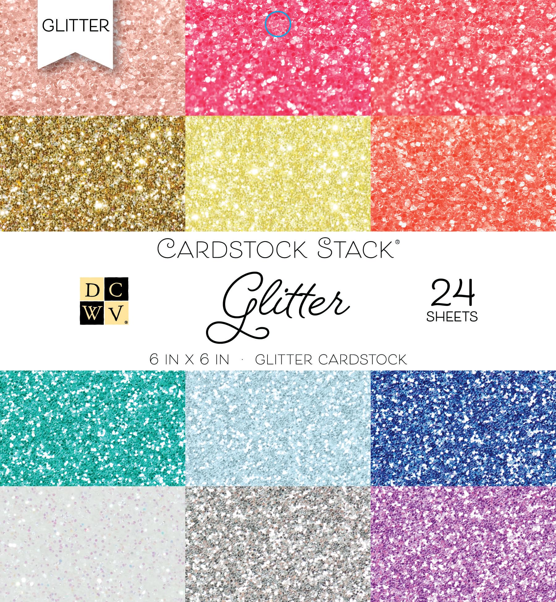 Glitter Cardstock Paper 6x6 inches - Sparkly Craft Paper for Card Making, Scrapbooks, Art Projects - 24 Single Sided Sheets, 12 Glittery Colors