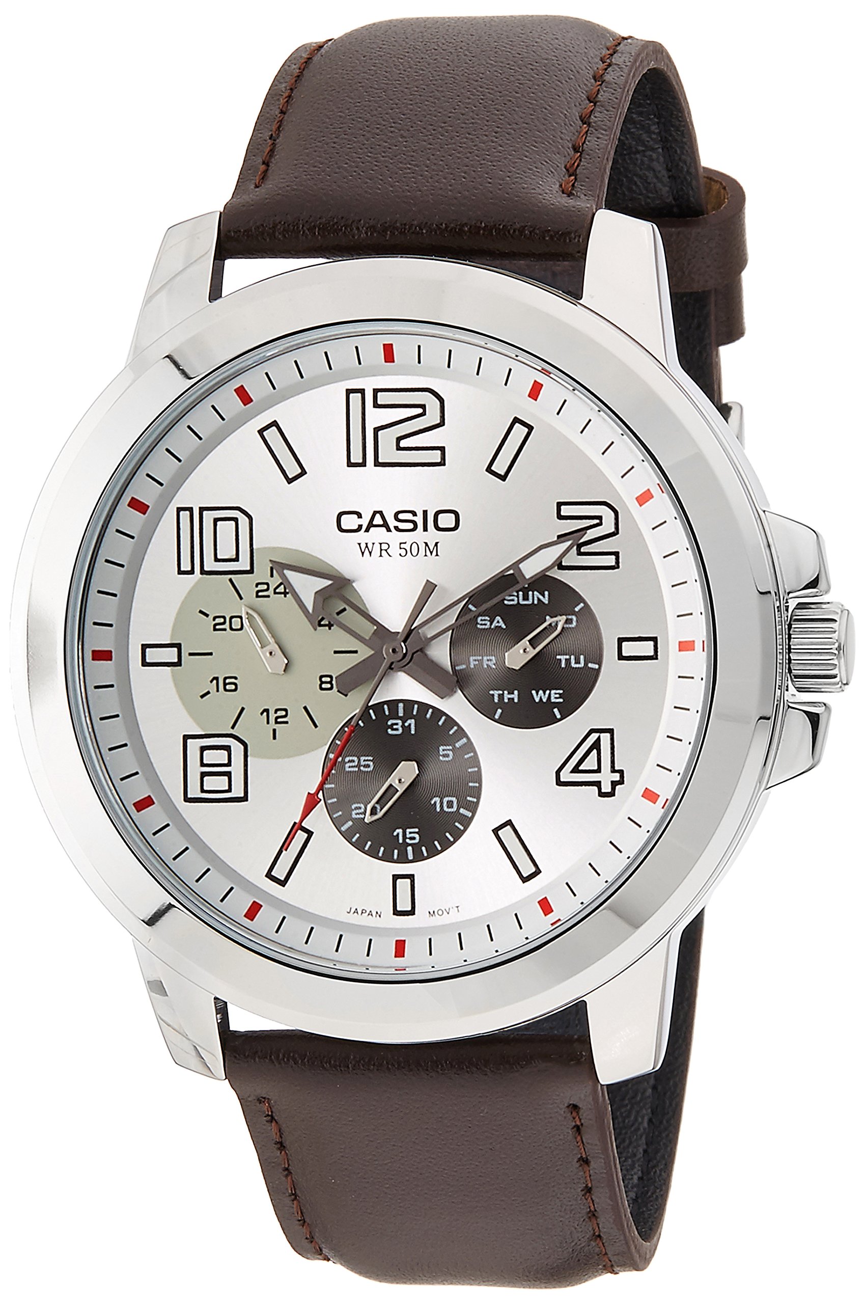 Casio mtp-x300l-7evメンズEnticerレザー多機能シルバーダイヤル腕時計