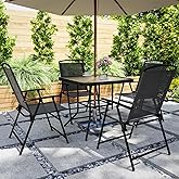 Outsunny 5 Pieces Patio Dining Set for 4, Outdoor Dining Set with Glass Top Table and 4 Mesh Folding Chairs, Small Outdoor Pa