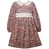 Bonnie Jean Girls Long Sleeve Ditsy Floral Smocked Dress with Lace Collar for Toddler and Little Girls