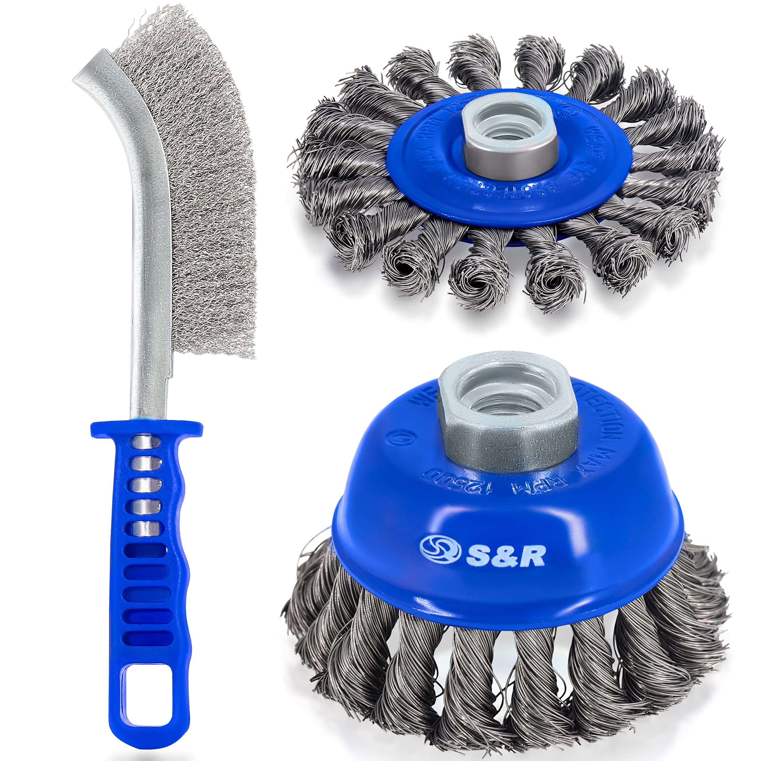 S&R 3-Piece Wire Brush Set – Cup Brush 75mm, Round Brush 100mm & Scratch Brush 255mm | Twisted Steel Bristles for Angle Grinder & Manual Use