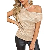 FOLUNSI Women's Off Shoulder Sequin Top Sparkly Glitter Shirts Asymmetrical Ruched Blouses Party Cocktail Tops S-XL