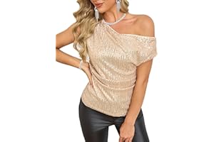 FOLUNSI Women's Off Shoulder Sequin Top Sparkly Glitter Shirts Asymmetrical Ruched Blouses Party Cocktail Tops S-XL