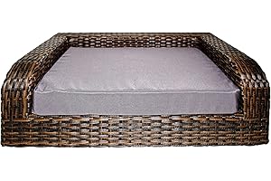 ICONIC PET Rattan/Wicker Pet Sofa Bed - Sofa Made of Woven Palm Stems of Rattan with Metal Frame, Indoor/Outdoor Sofa and Water Resistant Cushion Cover, Elegant Pet Bed for Dogs/Cats up to 50 lbs