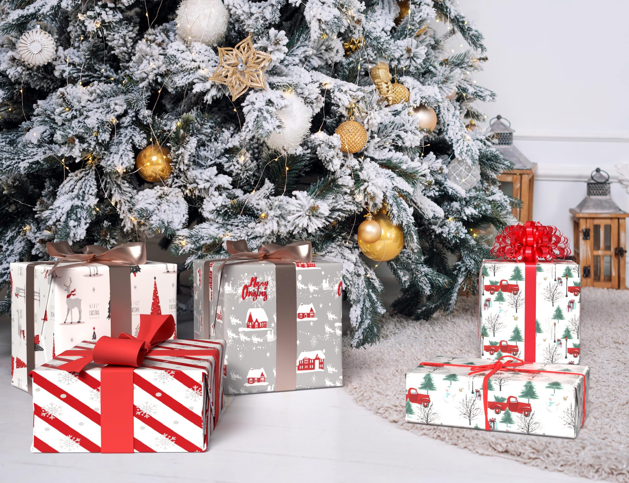 Cuitpan White Christmas Wrapping Paper Bundle for Kids Adults - Reindeer, Stripes, Woodlands, Snowflake, Red Truck Winter Scene Designs - 28 x 40 Inches, 6 Jumbo Sheets, Recycled
